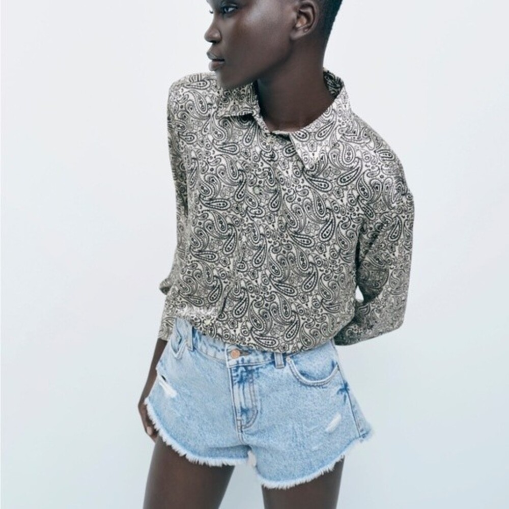 Zara Black and White Paisley Satin Effect button down summer boho shirt Small